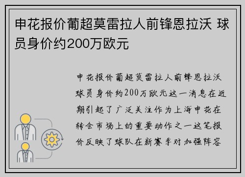 申花报价葡超莫雷拉人前锋恩拉沃 球员身价约200万欧元