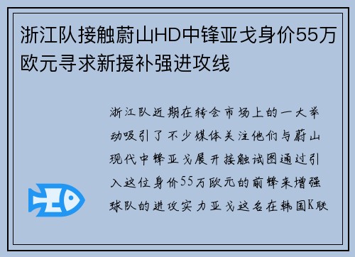 浙江队接触蔚山HD中锋亚戈身价55万欧元寻求新援补强进攻线
