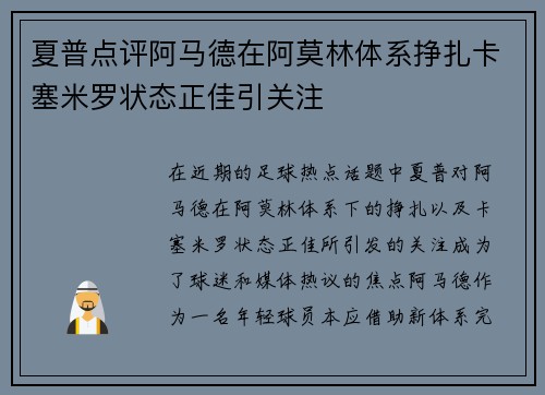 夏普点评阿马德在阿莫林体系挣扎卡塞米罗状态正佳引关注