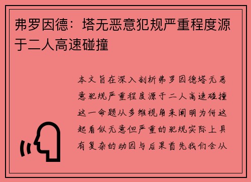 弗罗因德：塔无恶意犯规严重程度源于二人高速碰撞
